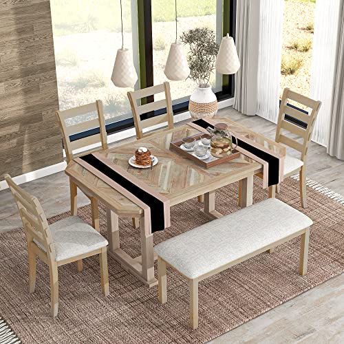 LUMISOL 6-Piece Dining Table Set with Bench for 6, Wood Kitchen Table with Grain Pattern Tabletop, Cushioned Chairs and Upholstered Bench, Dining Room Table Set for 6 People Dinette Set