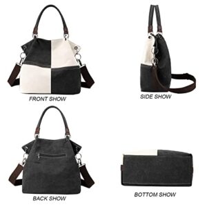 Women Canvas Hobo Crossbody Bags, Daily Retro Shoulder Bag Casual Satchel Purse Square Stitching, Black