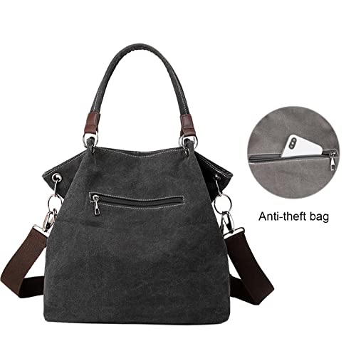 Women Canvas Hobo Crossbody Bags, Daily Retro Shoulder Bag Casual Satchel Purse Square Stitching, Black