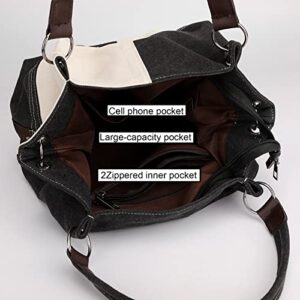 Women Canvas Hobo Crossbody Bags, Daily Retro Shoulder Bag Casual Satchel Purse Square Stitching, Black