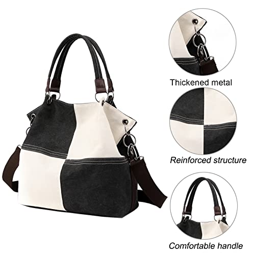 Women Canvas Hobo Crossbody Bags, Daily Retro Shoulder Bag Casual Satchel Purse Square Stitching, Black