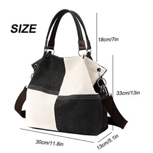 Women Canvas Hobo Crossbody Bags, Daily Retro Shoulder Bag Casual Satchel Purse Square Stitching, Black