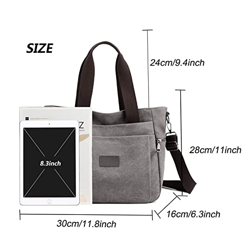 Women's Canvas Tote Bag, Work Handbag with Multi Pockes Fashion Shoulder Purse Causal Canvas Crossbody Bags, Grey