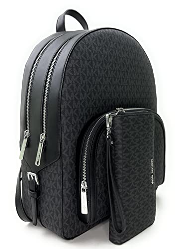 Michael Kors Jaycee Large Backpack School Bag Bundled JST Continental Wristlet Wallet (Black Signature)