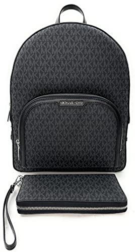 Michael Kors Jaycee Large Backpack School Bag Bundled JST Continental Wristlet Wallet (Black Signature)