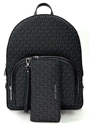 Michael Kors Jaycee Large Backpack School Bag Bundled JST Continental Wristlet Wallet (Black Signature)