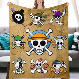 Anime One Piece Throw Blanket Luffy Jolly Roger Utra Soft Japanese Anime Flannel Blanket 50x60inches Straw Hat Pirate Flag Blanket for Bed Sofa Couch Brown Blanket