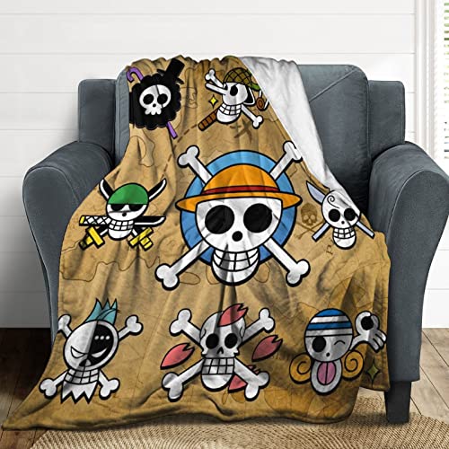 Anime One Piece Throw Blanket Luffy Jolly Roger Utra Soft Japanese Anime Flannel Blanket 50x60inches Straw Hat Pirate Flag Blanket for Bed Sofa Couch Brown Blanket