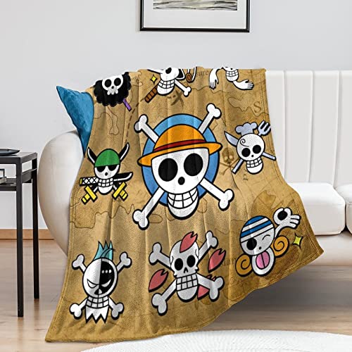 Anime One Piece Throw Blanket Luffy Jolly Roger Utra Soft Japanese Anime Flannel Blanket 50x60inches Straw Hat Pirate Flag Blanket for Bed Sofa Couch Brown Blanket