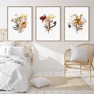 Watercolor Botanical Wall Art Print Set of 3 Vintage Floral Canvas Wall Art Yellow Wildflowers Art Floral Picture Farmhouse Art Decor Modern Home Decor Art for Living Room Bedroom16x24 Inch UNFRAMED