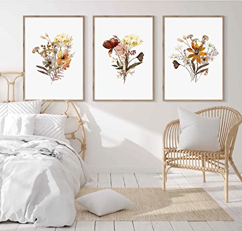 Watercolor Botanical Wall Art Print Set of 3 Vintage Floral Canvas Wall Art Yellow Wildflowers Art Floral Picture Farmhouse Art Decor Modern Home Decor Art for Living Room Bedroom16x24 Inch UNFRAMED