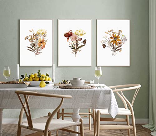 Watercolor Botanical Wall Art Print Set of 3 Vintage Floral Canvas Wall Art Yellow Wildflowers Art Floral Picture Farmhouse Art Decor Modern Home Decor Art for Living Room Bedroom16x24 Inch UNFRAMED