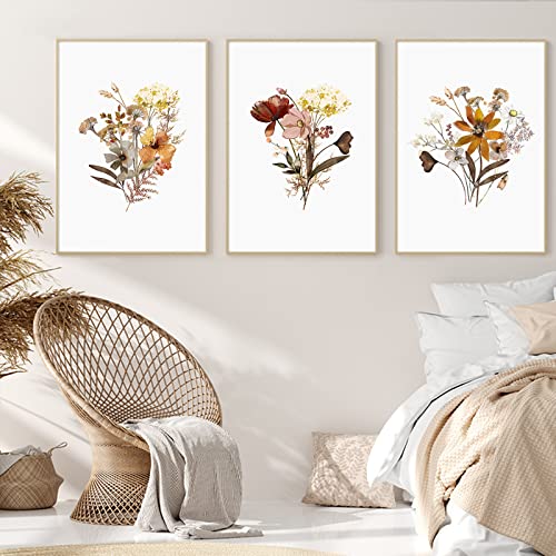 Watercolor Botanical Wall Art Print Set of 3 Vintage Floral Canvas Wall Art Yellow Wildflowers Art Floral Picture Farmhouse Art Decor Modern Home Decor Art for Living Room Bedroom16x24 Inch UNFRAMED