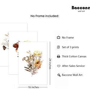 Watercolor Botanical Wall Art Print Set of 3 Vintage Floral Canvas Wall Art Yellow Wildflowers Art Floral Picture Farmhouse Art Decor Modern Home Decor Art for Living Room Bedroom16x24 Inch UNFRAMED