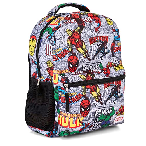 Marvel Comics Allover School Backpack - Avengers, Spiderman, Captain America, Iron Man Hulk - Officially Licenced Marvel Bookbag for Boys & Girls (White)
