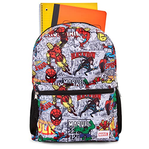 Marvel Comics Allover School Backpack - Avengers, Spiderman, Captain America, Iron Man Hulk - Officially Licenced Marvel Bookbag for Boys & Girls (White)