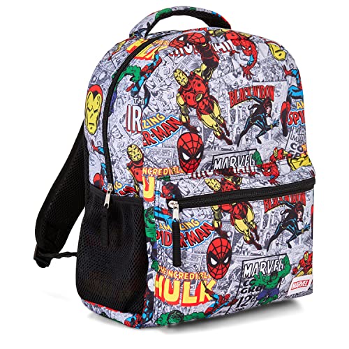 Marvel Comics Allover School Backpack - Avengers, Spiderman, Captain America, Iron Man Hulk - Officially Licenced Marvel Bookbag for Boys & Girls (White)