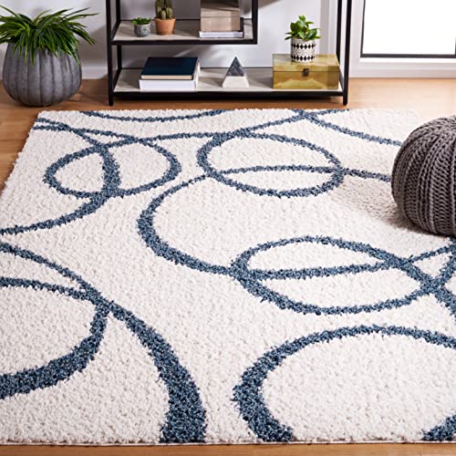 Safavieh Calico Shag Collection 4' x 6' Ivory/Blue CLC118A Modern Contemporary Abstract Non-Shedding 1.6-inch Thick Area Rug