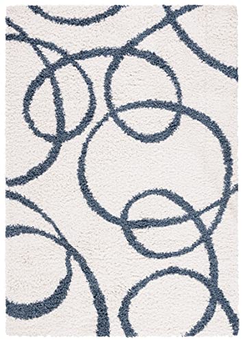 Safavieh Calico Shag Collection 4' x 6' Ivory/Blue CLC118A Modern Contemporary Abstract Non-Shedding 1.6-inch Thick Area Rug