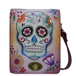 anna by anuschka women hand-painted leather flap convertible crossbody/belt bag with rfid protection-sugar skulls, one size