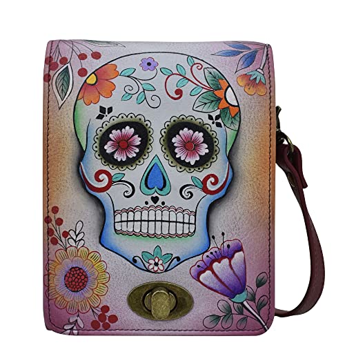 Anna by Anuschka Women Hand-Painted Leather Flap Convertible Crossbody/Belt Bag with RFID Protection-Sugar Skulls, One Size