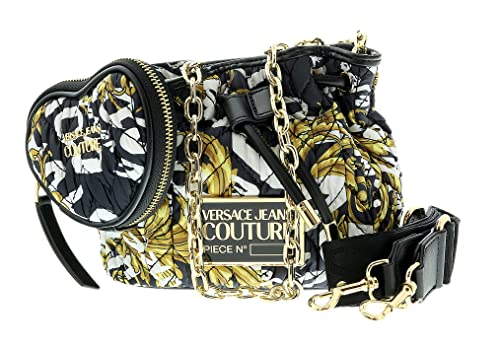 Versace Jeans Couture Black/Gold Heart Charm Purse Small Braid Bucket Crossbody Bag for womens