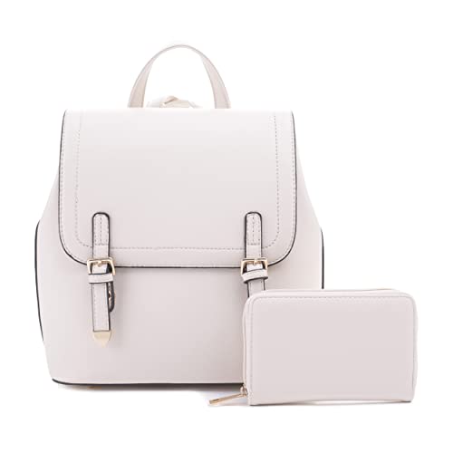 EVVE Faux Leather Small Fashion Backpack Purses For Women Girls Mini Daypack with Matching Wallet | Off white