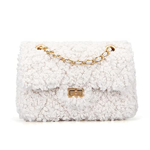 Women Plush Shoulder Bag Ladies Fashion Fluffy Crossbody Bag Small Chain Handbag Purse Soft Clutch Satchel Evening fuzzy Bag (White)