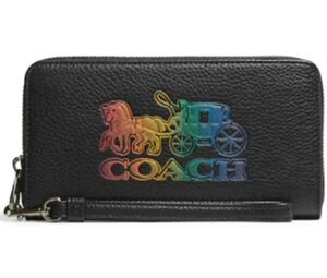 coach women’s long zip around wallet/wristlet in pebbled leather (horse and carriage qb/black multi)