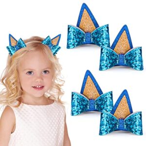 baborui 4pcs bluye hair clips for girls, glitter dog ear hair bow clips for toddler girls, kids cute blue hair accessories for birthday costume party favor decorations supplies