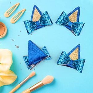 BABORUI 4PCS Bluye Hair Clips for Girls, Glitter Dog Ear Hair Bow Clips for Toddler Girls, Kids Cute Blue Hair Accessories for Birthday Costume Party Favor Decorations Supplies