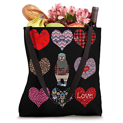 Bear Hearts Pattern Red Plaid Leopard Floral Valentines Day Tote Bag