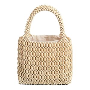 sushinejing tote bag for women small handmade tote purse wood beaded retro handbag (white)