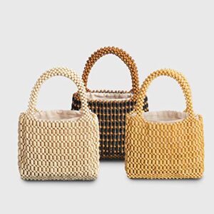 Sushinejing Tote Bag for Women Small Handmade Tote Purse Wood Beaded Retro Handbag (White)