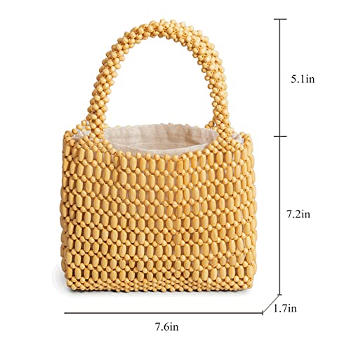 Sushinejing Tote Bag for Women Small Handmade Tote Purse Wood Beaded Retro Handbag (White)