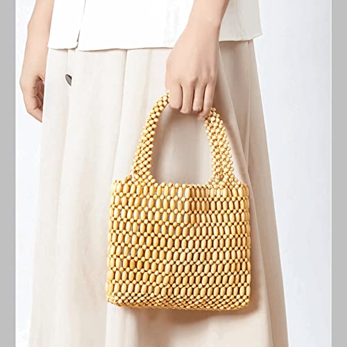 Sushinejing Tote Bag for Women Small Handmade Tote Purse Wood Beaded Retro Handbag (White)