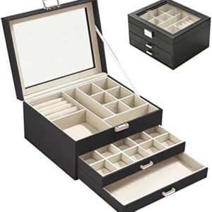 MTGOCHA Jewelry Box for Men Women, 3 Layers Glass Lid Jewelry Organizer with 2 Drawers Large Jewelry Storage Box for Rings Earrings Necklace Bracelets Jewelry Display Case for Women Mens,Black