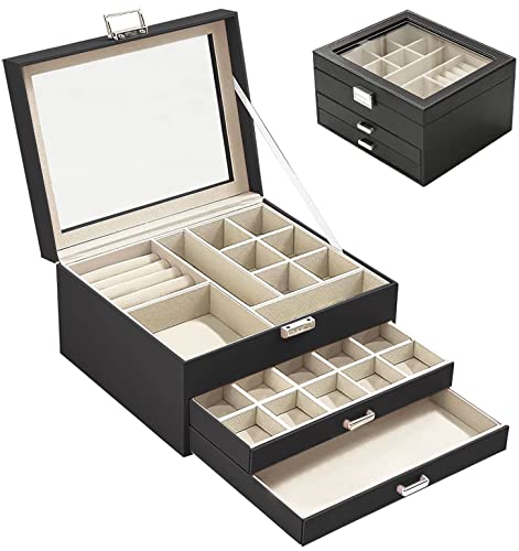 MTGOCHA Jewelry Box for Men Women, 3 Layers Glass Lid Jewelry Organizer with 2 Drawers Large Jewelry Storage Box for Rings Earrings Necklace Bracelets Jewelry Display Case for Women Mens,Black