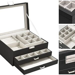 MTGOCHA Jewelry Box for Men Women, 3 Layers Glass Lid Jewelry Organizer with 2 Drawers Large Jewelry Storage Box for Rings Earrings Necklace Bracelets Jewelry Display Case for Women Mens,Black