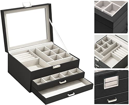 MTGOCHA Jewelry Box for Men Women, 3 Layers Glass Lid Jewelry Organizer with 2 Drawers Large Jewelry Storage Box for Rings Earrings Necklace Bracelets Jewelry Display Case for Women Mens,Black
