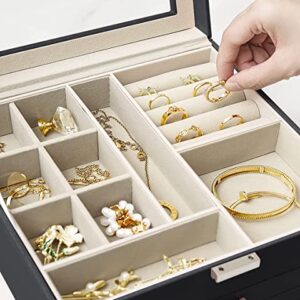 MTGOCHA Jewelry Box for Men Women, 3 Layers Glass Lid Jewelry Organizer with 2 Drawers Large Jewelry Storage Box for Rings Earrings Necklace Bracelets Jewelry Display Case for Women Mens,Black