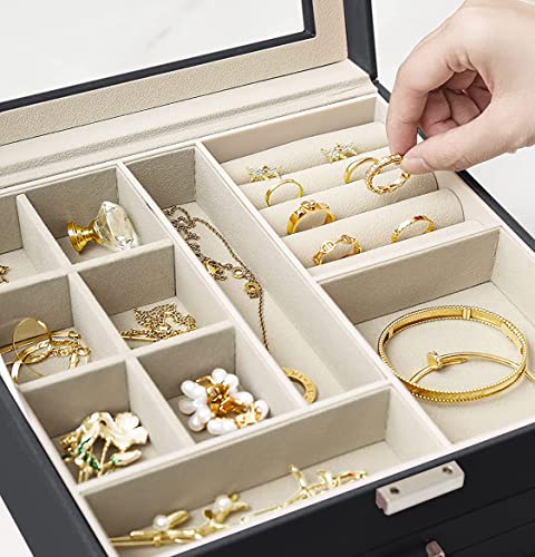 MTGOCHA Jewelry Box for Men Women, 3 Layers Glass Lid Jewelry Organizer with 2 Drawers Large Jewelry Storage Box for Rings Earrings Necklace Bracelets Jewelry Display Case for Women Mens,Black