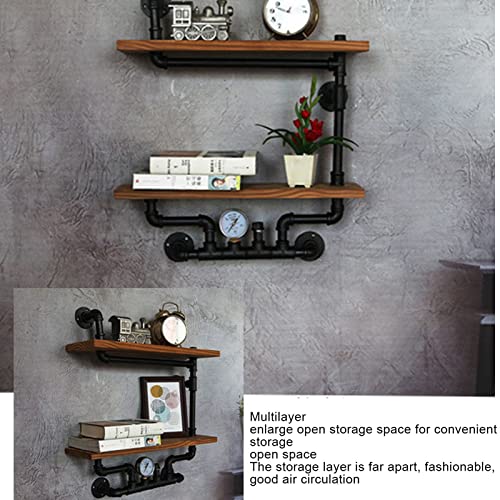 Jeanoko Retro Wall Mounted Floating Shelf, Industrial Pipe Shelves Malleable Cast Iron Solid Wood 2 Tiers Piple Shape Wall Mounted Shelf with Towel Bar for Home