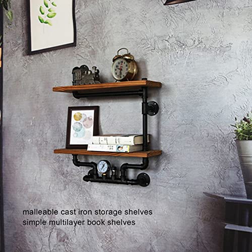 Jeanoko Retro Wall Mounted Floating Shelf, Industrial Pipe Shelves Malleable Cast Iron Solid Wood 2 Tiers Piple Shape Wall Mounted Shelf with Towel Bar for Home