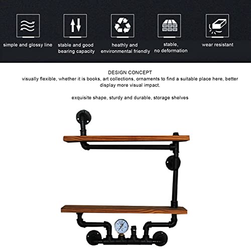 Jeanoko Retro Wall Mounted Floating Shelf, Industrial Pipe Shelves Malleable Cast Iron Solid Wood 2 Tiers Piple Shape Wall Mounted Shelf with Towel Bar for Home