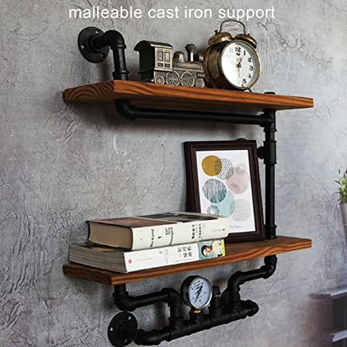 Jeanoko Retro Wall Mounted Floating Shelf, Industrial Pipe Shelves Malleable Cast Iron Solid Wood 2 Tiers Piple Shape Wall Mounted Shelf with Towel Bar for Home