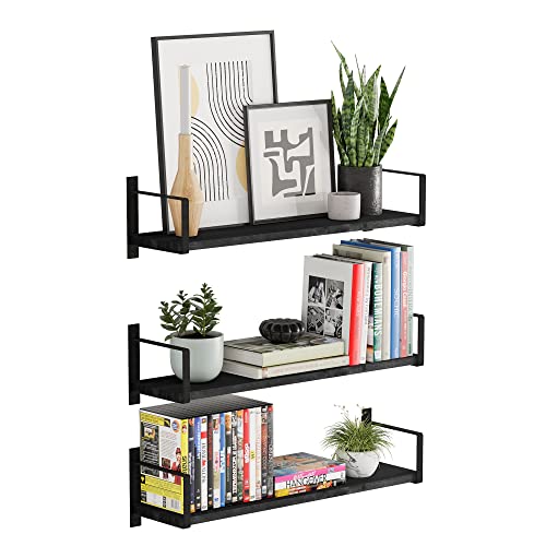 Wallniture Toledo Floating Shelves for Living Room Wall Shelves Office & Kitchen Organization Bedrom Wall Decor Toy Storage Black Bookshelf Set of 3