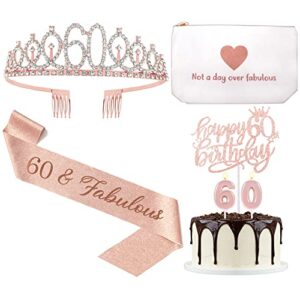 xo loveory 60th birthday decorations for woman, 60th birthday sash, tiara crown, canvas makeup bag, cake topper & candles, 60th birthday gifts for her birthday party
