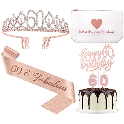 XO LOVEORY 60th Birthday Decorations for Woman, 60th Birthday Sash, Tiara Crown, Canvas Makeup Bag, Cake Topper & Candles, 60th Birthday Gifts for Her Birthday Party