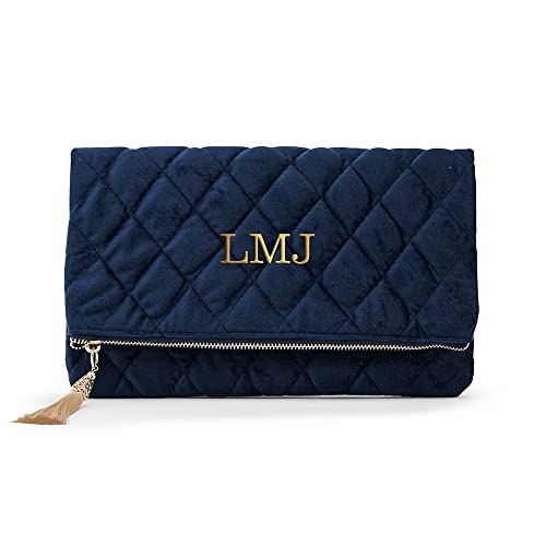 WEDDINGSTAR Custom Embroidered Fold Over Velvet Clutch - Navy Blue